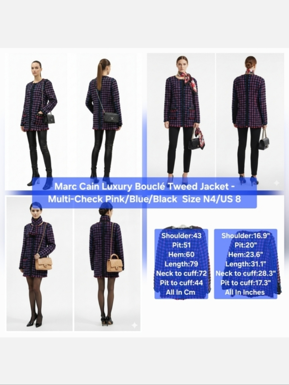 Marc Cain Luxury Bouclé Tweed Jacket Multi-Check Pink/Blue/Black  Size N4/US 8